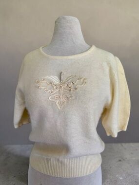Vtg 80s Angora Sweater Embroidered Beaded Applique Sz M/L Classic